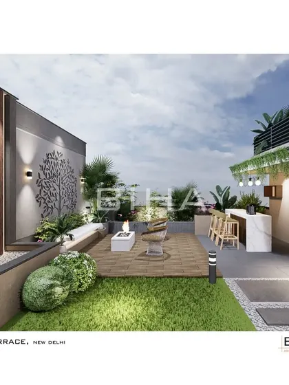 Our design proposal for a New Delhi terrace, featuring a central fire pit for warmth and ambiance. The space is zoned with a custom bar, comfortable seating, and a striking metal art piece, demonstrating our ability to blend functional design with artistic elements.