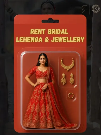 Your complete bridal look, ready to go. This creative graphic shows how you can rent both the lehenga and matching jewelry for a perfectly coordinated wedding day style.