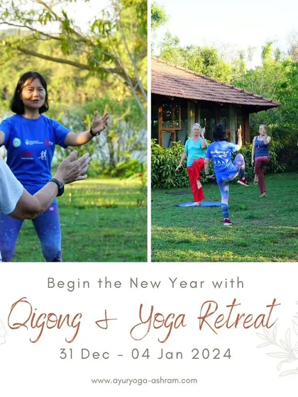 Captions will provide specific details about each retreat, its facilitators, and the daily activities, as seen in the media (e.g., "Learn the theory of Qigong and Traditional Chinese Medicine," "A serendipitous meeting at our ashram led to the creation of our Yin Yang Yoga retreat," "Daily offerings at our Bhakti retreat include kirtan and ecstatic dance.").
