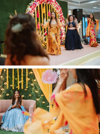 Capturing the energy of a Sangeet performance, with the bride enjoying the show put on by her friends and family.