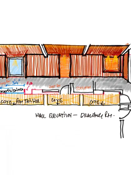 A wall elevation sketch, detailing the design of a wood-paneled wall with integrated coves and niches.