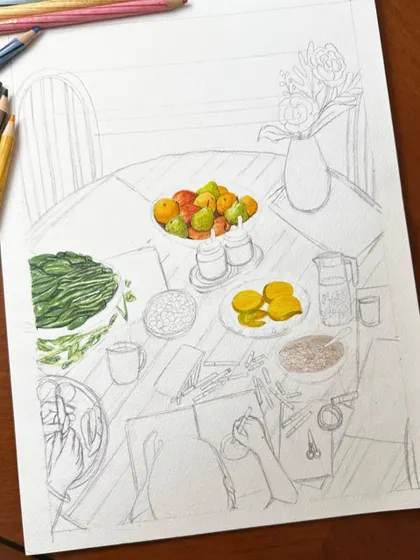 A work-in-progress sketch for our kids' journal. It all starts with an idea: to create a space for children to sit at the kitchen table and write down their mum's recipe.