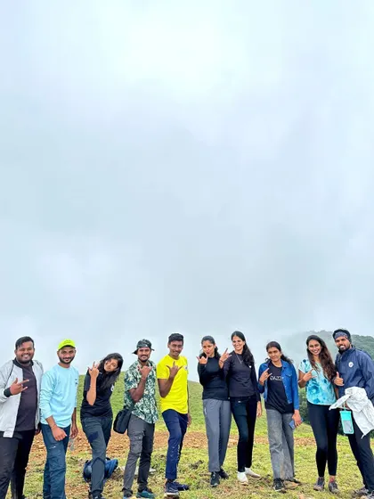 A group photo on a misty day during the Kudremukha trek.