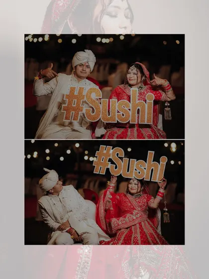 The couple proudly holds up their wedding hashtag, #Sushi. A fun and modern touch to their wedding photos.