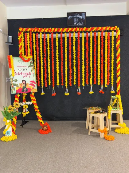 The setup for Aditi's Mehendi party. We bring all our own supplies; all we need is a well-lit, comfortable space to create our art.