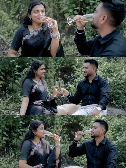 A collage capturing a couple sharing a champagne toast during their pre-wedding picnic by a stream. These candid shots show their joy and celebration.