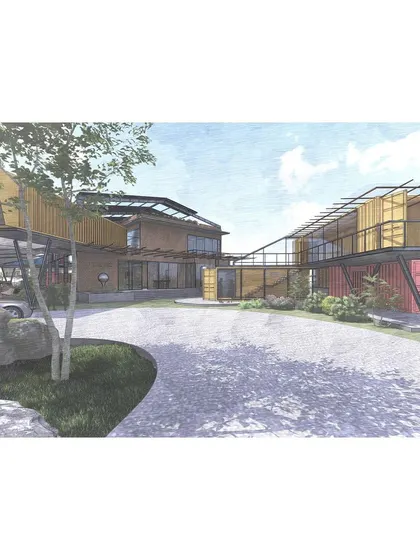 Another view of the clubhouse concept, this rendering highlights how shipping containers can be stacked and cantilevered to create interesting architectural forms and functional spaces like covered parking.
