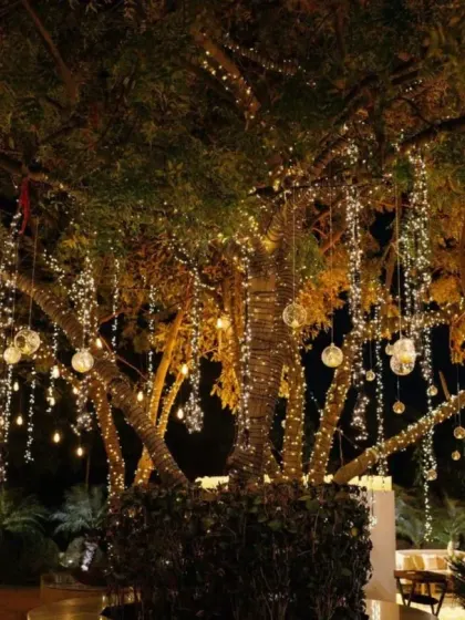 A tree adorned with hanging glass baubles and fairy lights, creating a magical, firefly-like effect for the welcome dinner.
