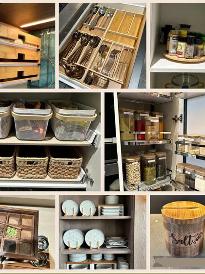 A "Wooden, Bamboo, and Glass" kitchen mood board. This theme avoids plastic and focuses on natural materials for a warm, earthy, and sustainable kitchen aesthetic.
