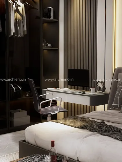 A close-up of the integrated study desk and open wardrobe, showcasing a design perfect for a modern, organized lifestyle.