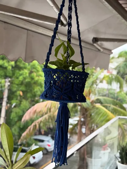 The navy blue planter hanging on a balcony, surrounded by greenery. It's a beautiful and functional piece of macrame art.