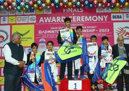 A wide shot of the award ceremony at the Delhi State Badminton Championship, with our U-11 champion Arjun Singh Raghav on the podium.