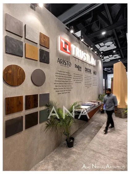 The wall display at the Trustlam '23 stall provided a more traditional showcase of the laminate collection. The clean, organized layout complemented the more abstract, sculptural elements elsewhere in the booth.