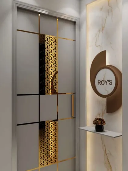 A concept for a modern and personalized entryway. The design features a sleek door with geometric gold inlays and a custom nameplate with its own shelf and backlighting.