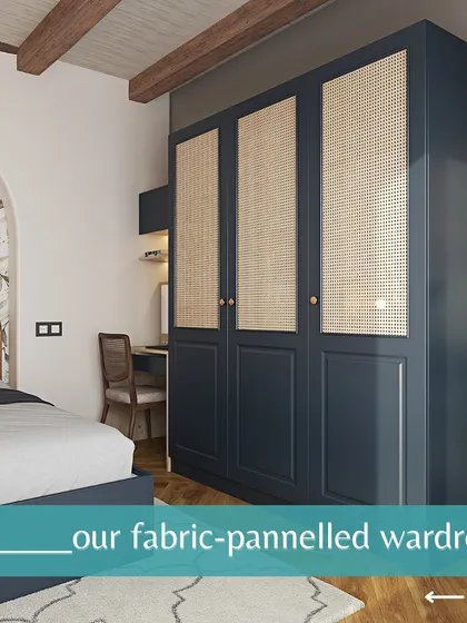 Our chic fabric-paneled wardrobe in a deep blue, featuring elegant cane webbing. This design adds a touch of bohemian-inspired texture and warmth to the bedroom.