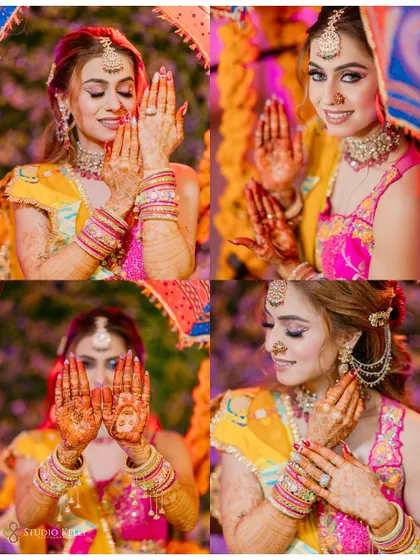 A collage of the bride showing off her beautiful henna-adorned hands during her Mehendi ceremony.
