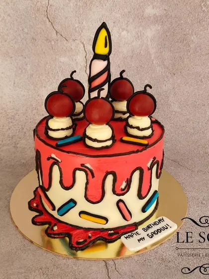 I had so much fun making this comic cake. This half-kg Ferrero Crunch cake is designed to look like a 2D cartoon, with bold black outlines and bright, playful colors.