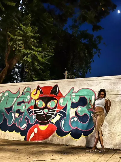 A cat, the moon, my art, and a whole lot of attitude. This is me in my element as Vrek13, my street art tag. I turn blank city walls into bold stories, one spray can at a time.