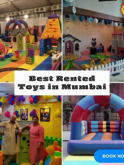 A collage of my best rented toys and setups in Mumbai. It features a large indoor play area in a tent, a cozy home setup with balloons, and a bouncy castle, showing the variety I offer.