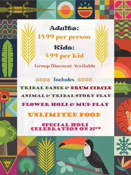 The pricing and inclusions for our Holi event, featuring tribal dance, a drum circle, and unlimited food.