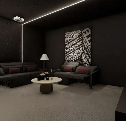 A concept for a theater and lounge area. This design uses contemporary sofas and armchairs instead of traditional recliners, creating a more social and conversational atmosphere.