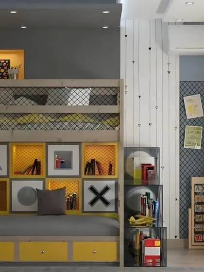 A playful kids' room with a loft bed that has a cubby-style storage unit underneath, perfect for organizing toys and books.