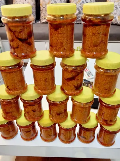 A pyramid of pickle jars, showing a large order ready for dispatch. I can handle both small and large orders for my customers.