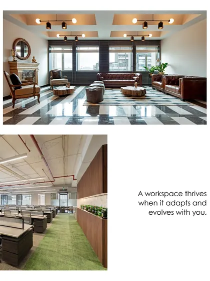 A workspace thrives when it adapts and evolves with its users. This image collage shows two different office environments we've designed: one a classic lounge for informal connection, the other a flexible open-plan area for focused work.