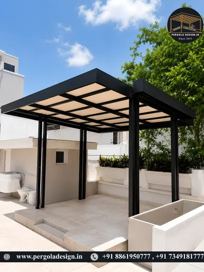 Another angle of the versatile black steel pergola, highlighting its sturdy construction and the ample space it provides. This structure is a blank canvas for creating a dream outdoor area.