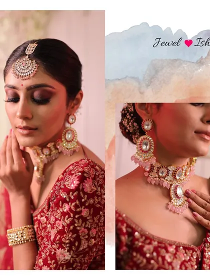 This collage captures the bride's elegant makeup and provides a detailed look at her pink-beaded polki choker and matching earrings.