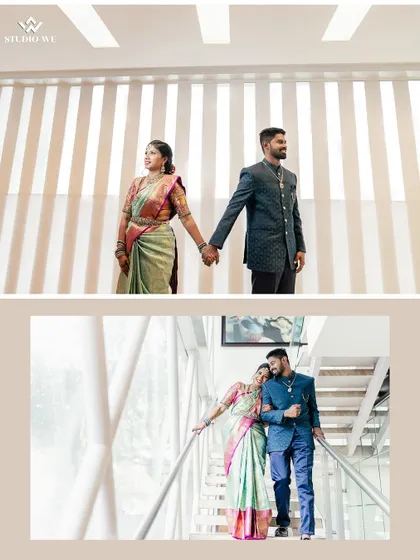A collage of a couple during their indoor engagement shoot, showing how we use architecture and lighting to create elegant portraits.