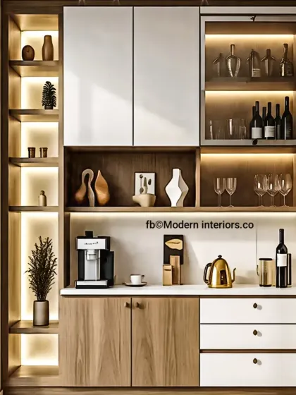 A stylish bar and crockery unit with a mix of open and closed storage. The open shelves are backlit to highlight glassware and decor, while the cabinets keep other items neatly hidden.