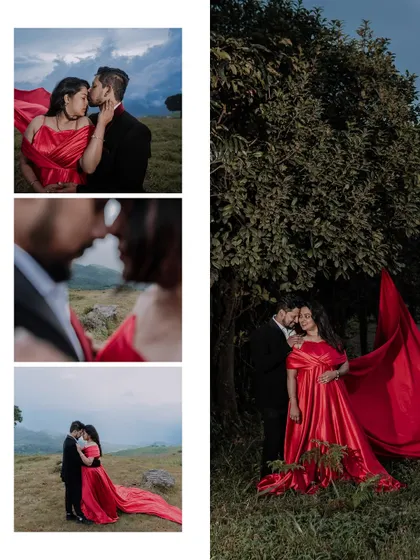 A collage of intimate and scenic shots from the couple's pre-wedding session in a red gown.