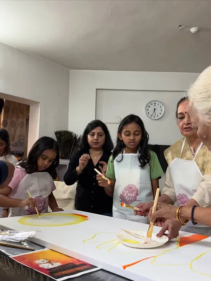 The family that paints together, stays together. A beautiful moment from a private at-home workshop where multiple generations created a single piece of art.