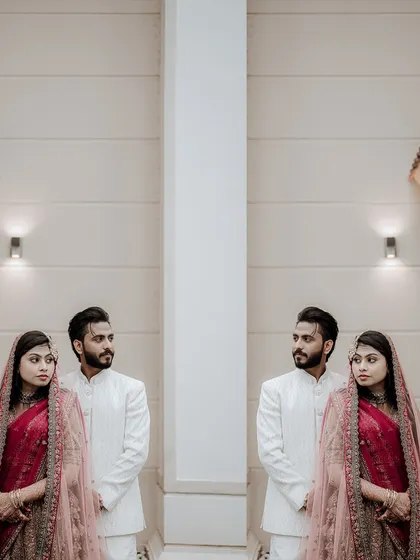 An artistic, mirrored portrait of a Muslim couple, creating a unique and symmetrical composition that highlights their connection.