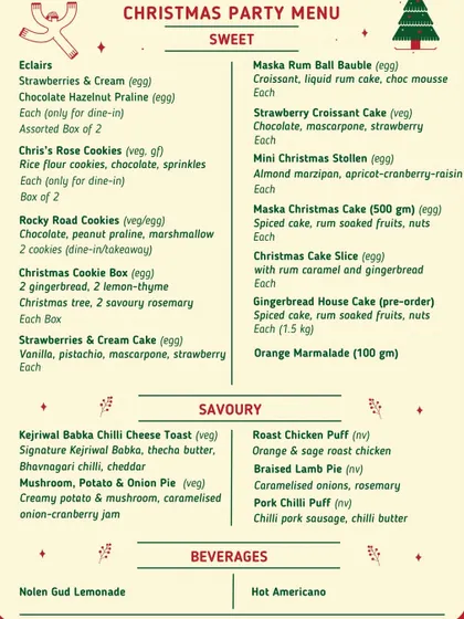 Our complete Christmas Party Menu, featuring a delicious mix of sweet and savory options. From Maska Rum Ball Baubles to Roast Chicken Puffs, we have everything you need for a festive feast.