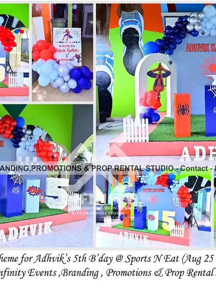 With great power comes great responsibility! This Spider-Man theme for a 5th birthday at Sports N Eat features a dynamic backdrop, a red, blue, and white balloon garland, and themed cylinder props for an action-packed celebration.