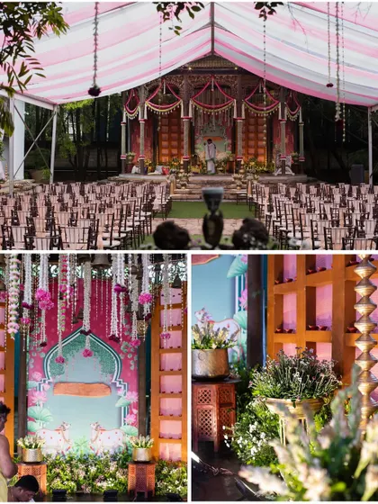 A wide view of a naming ceremony setup, featuring a tented mandap and traditional decor elements. We always recommend a German tent for outdoor events as a practical backup for unpredictable weather.