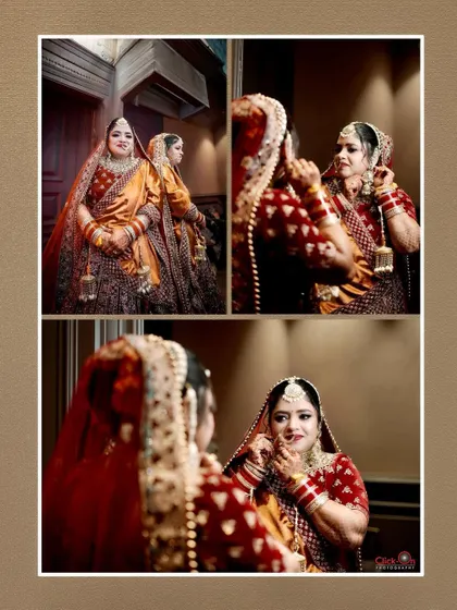 A collage showing a bride getting ready, with shots of her looking in the mirror and adjusting her jewelry.