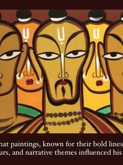 Kalighat paintings, known for their bold lines and narrative themes, heavily influenced Jamini Roy's distinctive style.