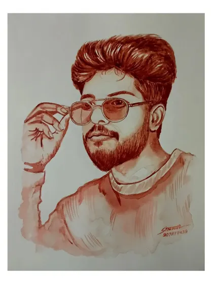 A stylish blood portrait of a man adjusting his sunglasses, capturing a moment of cool confidence.