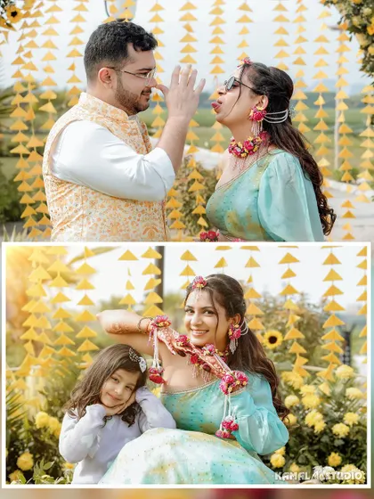 A collage of playful and sweet moments, including the groom teasing the bride and the bride with a young family member.