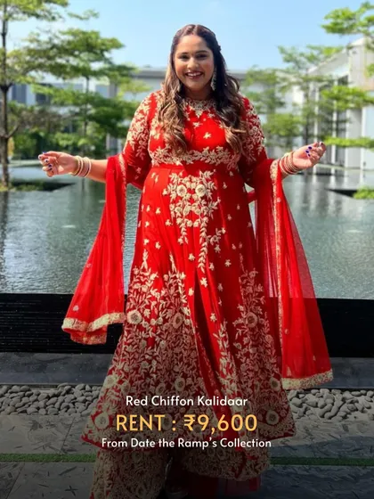 A vibrant red chiffon kalidaar that’s perfect for making a statement during the festive season.