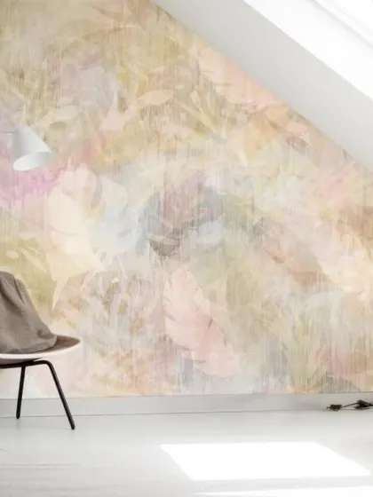 An abstract, textured wallpaper in soft pastel tones, resembling a distressed painting of leaves, perfect for an artistic and serene space.