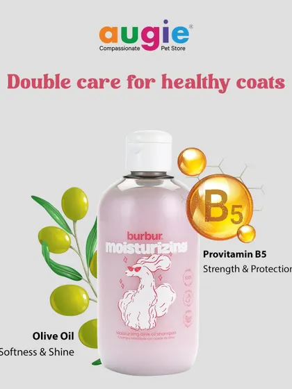 We believe in double care for healthy coats. Our moisturizing shampoo uses the power of Olive Oil for softness and shine, and Provitamin B5 for strength and protection.