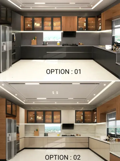 This image presents two distinct color options for the same large kitchen layout, one in a dark, moody grey and the other in a light, airy beige, helping clients visualize and choose.