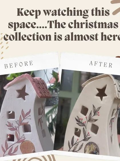 A little before-and-after magic. This image shows how a ceramic house lantern looks before and after the final glaze firing, which adds depth and a rustic finish.