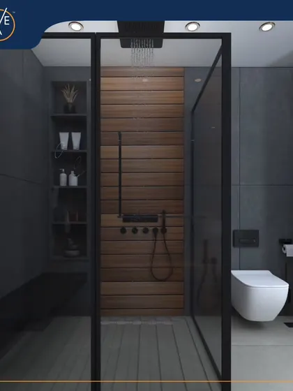 This render shows a dark-themed bathroom with a steam shower. We used a wooden-tiled feature wall to add warmth and texture, while the glass enclosure maintains a sense of openness.