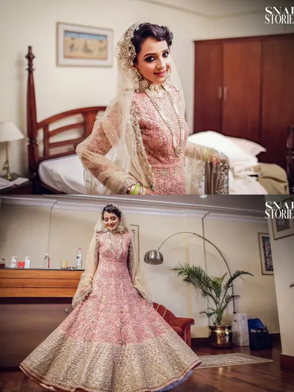 A collage showing the bride's full-length gown and a smiling portrait. We ensure we capture both the overall look and the happy details.
