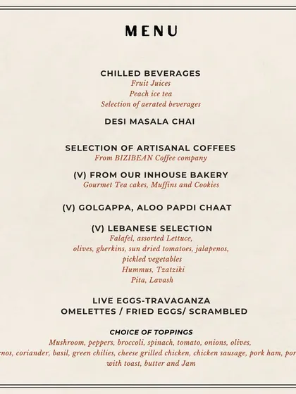 A look at our brunch menu, part one. We offer a wide selection of beverages, artisanal coffees, chaat, a Lebanese selection, and a live egg station with all the toppings.